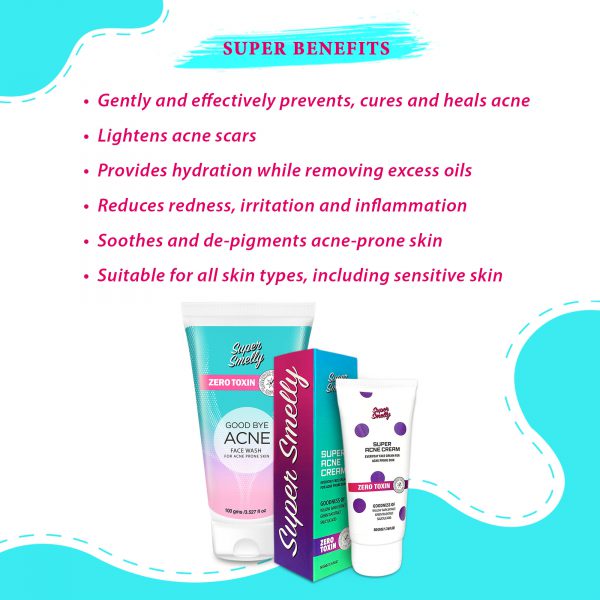Adieu Acne Combo | Goodby Acne Face Wash + Super Anti Acne Face Cream | supersmelly anti acne face wash | supersmelly anti acne cream | face wash for pimples | benzoyl peroxide face wash | acne cleanser | antibacterial face wash| acne clear face wash | best acne face wash for oily skin | best face wash for acne and pimples